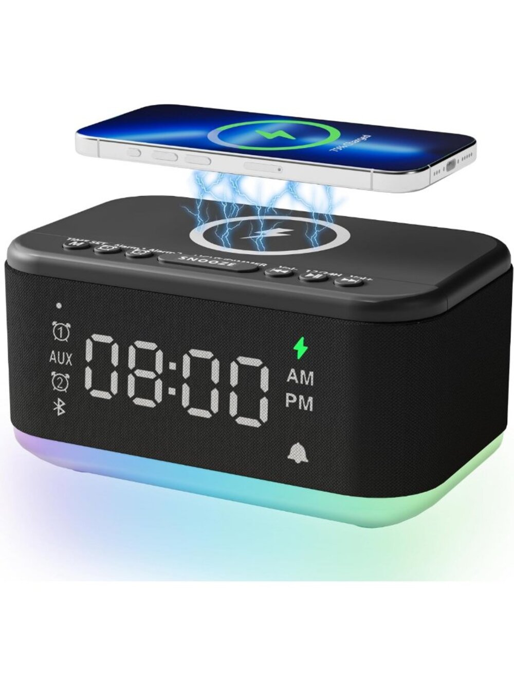 Wireless Charging Alarm Clock Speaker with Bluetooth, Dimmable Night Light